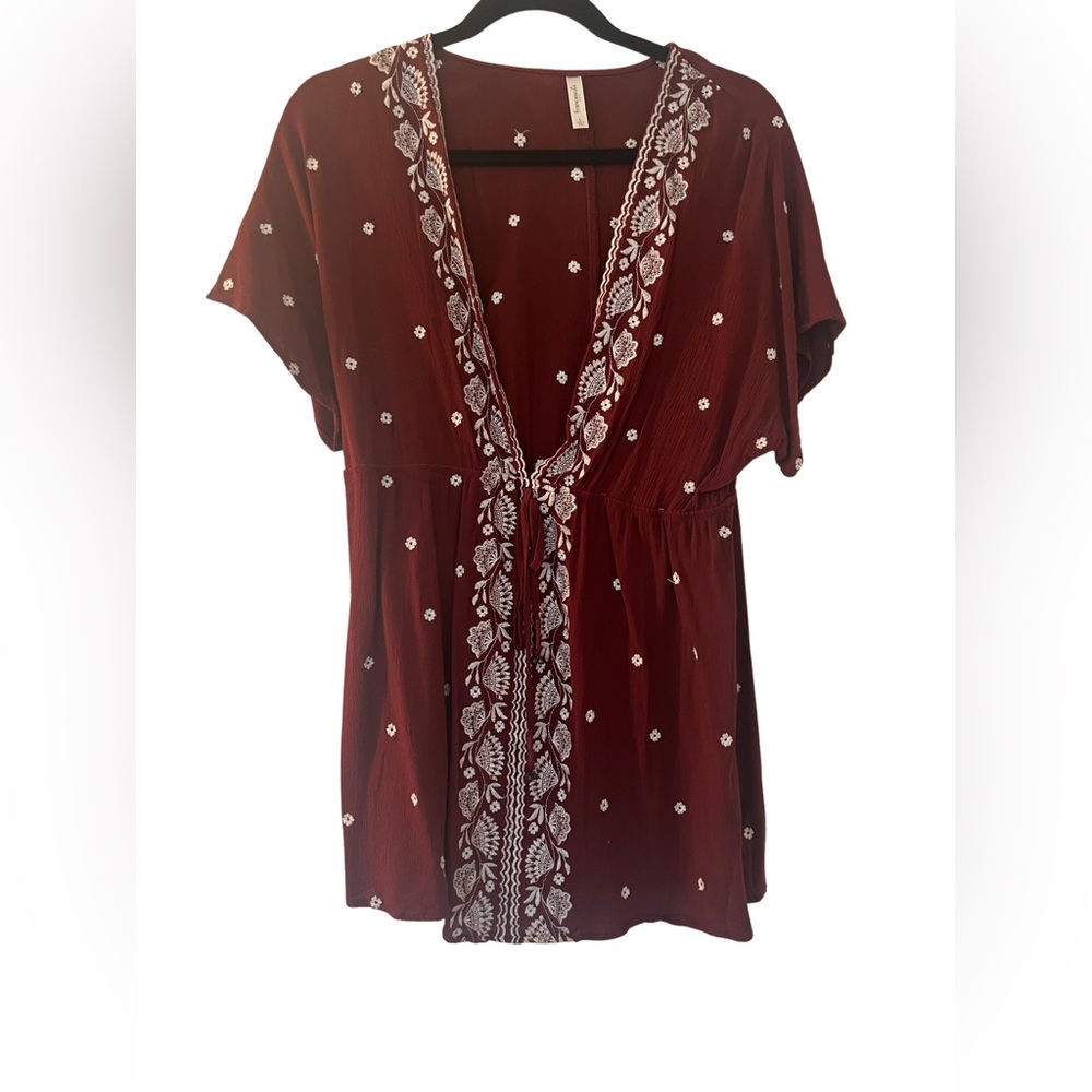 Francescas Cover Up in Burgandy with white embroidery.  Size: L